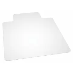 This clear biopolymer chair mat is designed for use on high-pile carpet, providing a smooth rolling surface for office chairs while protecting the carpet from wear and indentations. Measuring 53 inches long by 45 inches wide with a 0.15-inch thickness, the mat is transparent to preserve the carpet's appearance underneath.