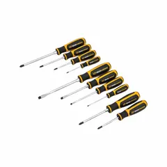 This 10-piece screwdriver set includes Phillips and slotted tip types for fastening and loosening screws. The set has an overall length of 13 inches and is stored in a tray for organization. Suitable for general assembly, maintenance, and repair tasks.