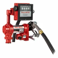 This metered bung-mount DC-powered fuel transfer pump operates on 12 V DC with a 1/4 hp motor and delivers a maximum flow rate of 20 gpm. The cast iron construction and mechanical gallon meter are suited for transferring diesel, kerosene, or other non-flammable fluids from drums or tanks in fleet maintenance, agriculture, and construction applications.