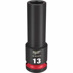 This 1/2" drive impact socket features a 13 mm metric, 6-point, deep design with a friction retention mechanism. The black phosphate finish provides corrosion resistance. It is used for high-torque fastening and loosening of hex fasteners in industrial assembly and automotive repair.