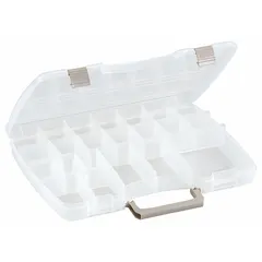 This clear plastic compartmented box features 22 compartments and 17 adjustable dividers for custom storage of small parts. The transparent body allows visual identification of contents. Suitable for organizing hardware, craft supplies, or components in workshops and industrial settings.