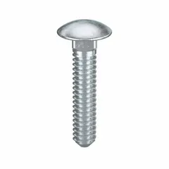Grade 2 steel carriage bolt with square neck, #10-24 thread, 1 inch length, zinc-plated finish. The square neck prevents rotation during tightening, suitable for fastening metal to wood or metal to metal in assemblies such as machinery guards, conveyor systems, and structural framing. Pack of 100.