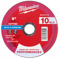 Type 1 cut-off wheel for carbon and stainless steel. Aluminum oxide abrasive with 46 grit. Dimensions: 5" diameter, 0.045" thickness, 7/8" arbor hole. Sold as a 10-pack. Suitable for metal fabrication, construction, and maintenance cutting tasks.