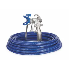 Stainless steel airless spray gun for applying lacquers. Features a 1/4 in NPSM air inlet and includes a RAC x LTX 517 SwitchTip and guard. Weight 4.4 lb. Suitable for industrial finishing operations.