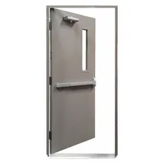 This steel door and frame assembly features a 90-minute fire rating and a locking trim lock type. The door opening height is 84 inches, and the unit is configured as right-hand reverse. Suitable for industrial facilities requiring secure, fire-rated access, such as plant control rooms, equipment enclosures, and storage areas.