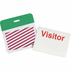 Vinyl clip-on ID badge with white background and red legend. Card height 2 in, width 3 in. Pack of 500. Suitable for temporary visitor identification in facilities requiring clear visual distinction.