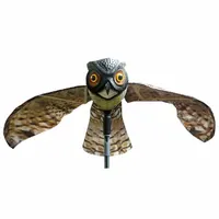 Lifelike owl decoy for humane bird deterrent in outdoor areas such as warehouses, loading docks, and agricultural sites. Made of durable, weather-resistant plastic in black and brown. Covers up to 6,000 sq ft. Lightweight and maintenance-free