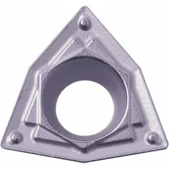 This Trigon (W) indexable turning insert features a PVD carbide grade for finishing and semi-finishing operations on steels and stainless steels. It is suited for precision turning, facing, and profiling on CNC lathes, providing good surface finish and edge strength.