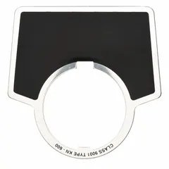 Square push-button ring and plate with 2 1/4 in overall height and width. Designed for 30 mm panel mounting holes. Used to label push-button stations in industrial control panels, providing clear identification for operator commands.