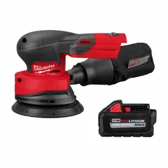 Cordless random orbital sander with 5 in diameter hook-and-loop pad. Includes one 18 V 6.0 Ah battery. Suitable for sanding, finishing, and surface preparation on wood, metal, and painted surfaces.