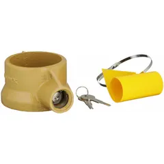 Powder-coated kingpin lock for Vehicle Class VII trailers. Includes two keys, lock, tie strap, and yellow flag. Secures the kingpin to prevent unauthorized coupling and theft.