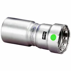 Stainless steel press fitting for potable water systems, with FTG x FTG configuration and EPDM seal. Connects 1 1/4 in to 1 1/2 in pipe. Suitable for residential and commercial plumbing applications requiring leak-free press connections.