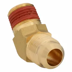Brass flared/threaded 45-degree elbow fitting for connecting 5/8 in OD tubing to 1/2 in pipe threads. Designed to SAE J512 standards for use in hydraulic, pneumatic, and fuel systems requiring reliable sealing.