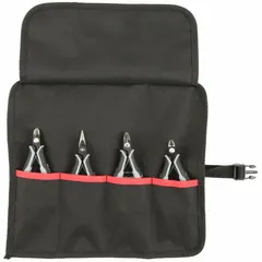 This 4-piece precision plier set is ESD-safe for work on sensitive electronic components. It includes pliers ranging from 2 to 5 inches, with a 5-inch pointed head diagonal cutting plier. The set features deluxe cushion grips and comes in a tool roll for organized storage.