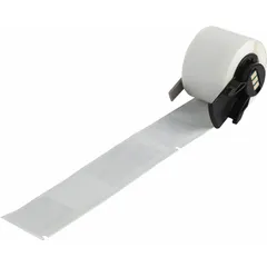 This precut wraparound label roll is made of white matte vinyl and measures 4 3/8 in by 1 in. It is designed for wire gauges from 8 AWG to 2 AWG and is compatible with the M610 printer series, requiring M61-R4310 ribbon. Typical applications include permanent identification of wires in electrical panels, data centers, and manufacturing facilities for maintenance and safety.