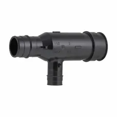 This polymer barbed tee fitting has four barbed connections sized 2 in, 1 1/2 in, and 1 in inner diameter. It is designed for use with PEX tubing and employs an expansion connection method. Typical applications include creating branch connections in plumbing and hydronic heating systems.