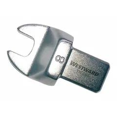 This open end torque wrench head is designed for applying torque to fasteners in confined spaces where a standard ratchet head cannot fit. It has an 8 mm size and an overall length of 1 1/2 inches. Suitable for use with torque wrenches that accept 9mm x 12mm drive accessories.