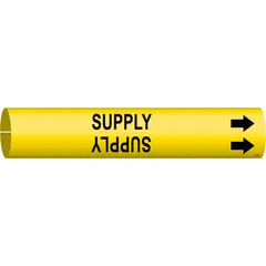 Snap-on pipe marker for identifying supply lines in industrial piping systems. Yellow background with black legend text and directional arrows. Fits pipe outer diameters from 1-1/2 to 2-3/8 inches. Sold as a single marker.