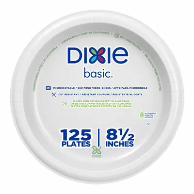 DIXIE Disposable Paper Plate: White, Light-Wt, 8 1/2 in Disposable Plate Size - Paper Plates