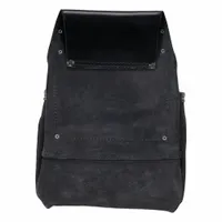 Black leather tool tote with 10 exterior pockets for organizing hand tools. No inside pockets. Dimensions: 10 in width x 4 in depth x 13 in height. Suitable for carrying tools on job sites