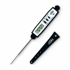 Digital pocket thermometer with LCD display, ±0.5 °F accuracy, and 6 1/2 in overall length. Features a metal-detectable, anti-microbial ABS plastic case and easy calibration. NSF Certified. Suitable for food temperature checks in commercial kitchens and food service environments.