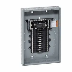 Indoor main breaker load center rated 125 A, 120/240V AC, single-phase, with a 22 kA short-circuit current rating. Provides 24 spaces and supports up to 10 tandem breakers. Features a convertible, plug-on neutral design. Enclosure cover ordered separately.