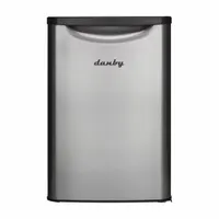 Compact refrigerator with 2.6 cu ft total capacity, automatic defrost, and four shelves. Solid swing door in silver finish. Energy Star Certified. Suitable for keeping beverages and snacks chilled in offices, dorm rooms, or small kitchens