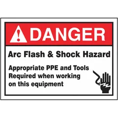 Adhesive vinyl sign measuring 3 1/2 in x 5 in nominal size, 0.006 in thick. Not retroreflective and does not glow in the dark. Used to warn personnel of arc flash and shock hazards, indicating that appropriate PPE and tools are required before working on energized equipment.