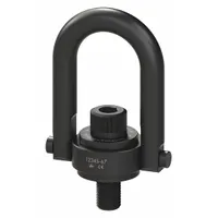 This pivot and rotate hoist ring is used for lifting and positioning loads that require a swiveling connection. Constructed from black oxide-coated steel with an M16-2.00 thread, it has a maximum load capacity of 4,185 lb. Typical applications include rigging and material handling tasks where the lifting point must align with the load's center of gravity
