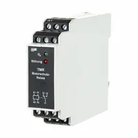 DIN-rail mounted over temperature relay from the TMR-E12 series. Single-channel SPDT switching with 1 mA current rating and 230V AC coil voltage. 12-pin terminal block for wiring. Used in industrial control panels for temperature monitoring and protection in HVAC, motor control, and process automation applications