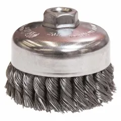This heavy-cleaning brush is designed for contoured carbon steel surfaces. It features a 4 in diameter, 0.023 in fill diameter, and standard twist knot wire bristles. The brush connects via a 5/8"-11 arbor hole. Typical applications include removing rust, scale, weld splatter, and paint from irregular shapes in metal fabrication and maintenance tasks.