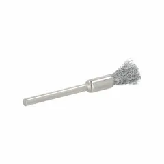 This end brush features crimped steel fill for light cleaning of carbon steel surfaces. With a 1/4 in diameter, 0.005 in fill diameter, and 1/8 in shank, it is suited for removing rust, scale, or light burrs in metal fabrication and maintenance applications.