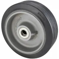 This wheel features a rubber tread bonded to an iron core, providing floor protection and high load capacity. With a 15-7/8 in diameter and 5-1/8 in width, it supports up to 3,300 lb. Suitable for heavy-duty industrial carts, tow lines, and material handling equipment in factory and warehouse environments