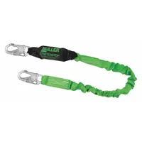 General fall protection shock-absorbing lanyard with steel snap hooks on both ends. Polyester construction with a 310 lb capacity and visual load indicator. Green color. Suitable for construction, maintenance, and industrial work at height