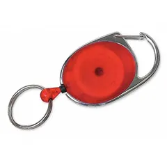 Retractable key clip and reel made of red plastic. Extends to 24 inches. Sold in a 5-pack. Suitable for keeping keys accessible and organized in maintenance, facility, or industrial settings.