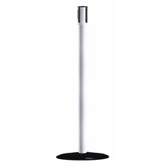 This flat-base receiver post is designed to secure the end of a retractable belt barrier in pedestrian queue management systems. It features a 38-inch white stainless steel post and a cast iron flat base. Commonly used to guide foot traffic and create orderly waiting lines in public venues.