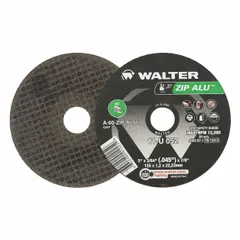 This Type 1 cut-off wheel from the ZIP ALU series is made of aluminum oxide and measures 5 inches in diameter, 3/64 inch in thickness, with a 7/8 inch arbor hole. It is designed for general-purpose cutting of soft metals such as aluminum, copper, and brass in fabrication, maintenance, and repair tasks.