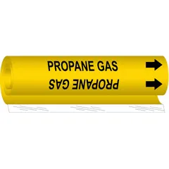 Wrap-around pipe marker for propane gas lines. Yellow background with black legend and directional arrows. Fits pipe outer diameter from 2-1/2 to 7-7/8 inches. Used in industrial piping systems to identify gas lines and indicate flow direction.