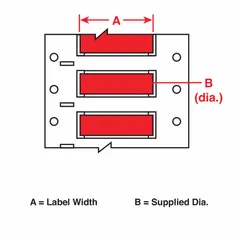 Precut polyolefin sleeve label roll in red matte finish, sized 3/4 in x 2 in, for wire gauges 0 AWG to 6 AWG. Compatible with THT printer series for on-demand wire identification in industrial electrical applications.