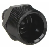 This polymer crimp-on barbed tube fitting connects PEX tubing to male NPT threaded ports. It features a 1/2 in ID barbed end and a 3/4 in MNPT connection, using a crimp PEX connection method. Suitable for plumbing and hydronic heating systems