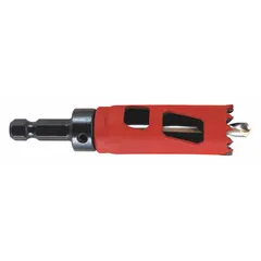 This hole saw with attached arbor is designed for cutting through wood, metal, and plastic. It features a 7/8 in diameter, 5/6 teeth per inch, and a maximum cutting depth of 1-7/8 in. The 1/2-20 thread size allows for use with standard mandrels. Suitable for general construction, electrical, and plumbing applications requiring clean, precise holes.