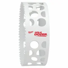 This 5-inch diameter bi-metal hole saw cuts through wood, metal, and plastic. With 3.5 teeth per inch and a maximum cutting depth of 1-5/8 inches, it is suited for construction, electrical, and plumbing applications requiring clean holes. Arbor not included.