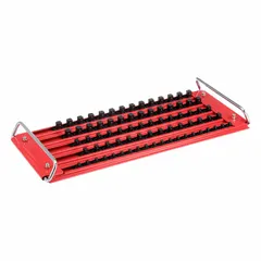 This steel socket tray in red finish measures 20 inches overall width and features 71 posts/slots for organizing standard and deep sockets. Suitable for use on workbenches or in toolboxes in workshops, garages, and industrial maintenance settings.