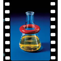 This flask stabilizer ring is made of a lead core coated with red vinyl. It has an inside diameter of 1.7 inches and an outside diameter of 3 inches. The weighted construction helps prevent flasks from tipping during use on benchtops or in water baths.