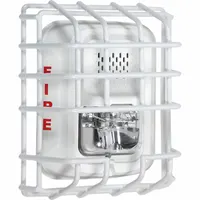 Steel wire cage guard for indoor wall-mount protection of L Series horns/strobes. White finish, flush-mount style with simple removal for maintenance. Includes mounting hardware. Overall depth 2 1/2 in, length 6 5/8 in. No alarm included
