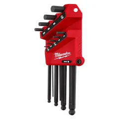 This L-shaped hex key set includes 9 metric keys with a single ball end for angled access up to 25 degrees. The long design provides extended reach, and the set comes with an organizer for storage. Suitable for tightening or loosening hex socket screws and bolts in confined spaces.