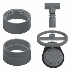 PVC backwater valve with 2-inch socket connection. Rated for 43 psi CWP. Includes extension kit. Used in drainage systems to prevent sewage backflow into buildings during heavy rain or municipal line overloads.