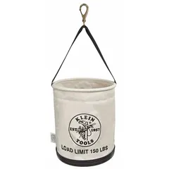 This 15-inch tall canvas bucket bag features an open top and one pocket for quick tool access. A single handle with a snap hook allows secure attachment to a ladder or belt. Drain holes are included for outdoor use. Suitable for carrying tools and materials on job sites.