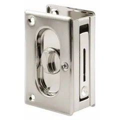This pocket door pull handle is a combination tray and edge pull in a tray/lever style. Made of brass with a black satin nickel finish, it features unthreaded mounting holes. Suitable for use on cabinet doors, drawers, or sliding panels requiring a low-profile pull.
