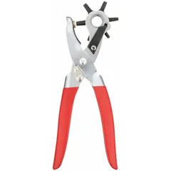 This standard-duty hole-punching plier features a revolving punch head and a cushion grip for user comfort. With an overall length of 8 inches, it is suited for creating clean holes in materials such as leather, plastic, and thin metal. Commonly used in maintenance, fabrication, and repair tasks.